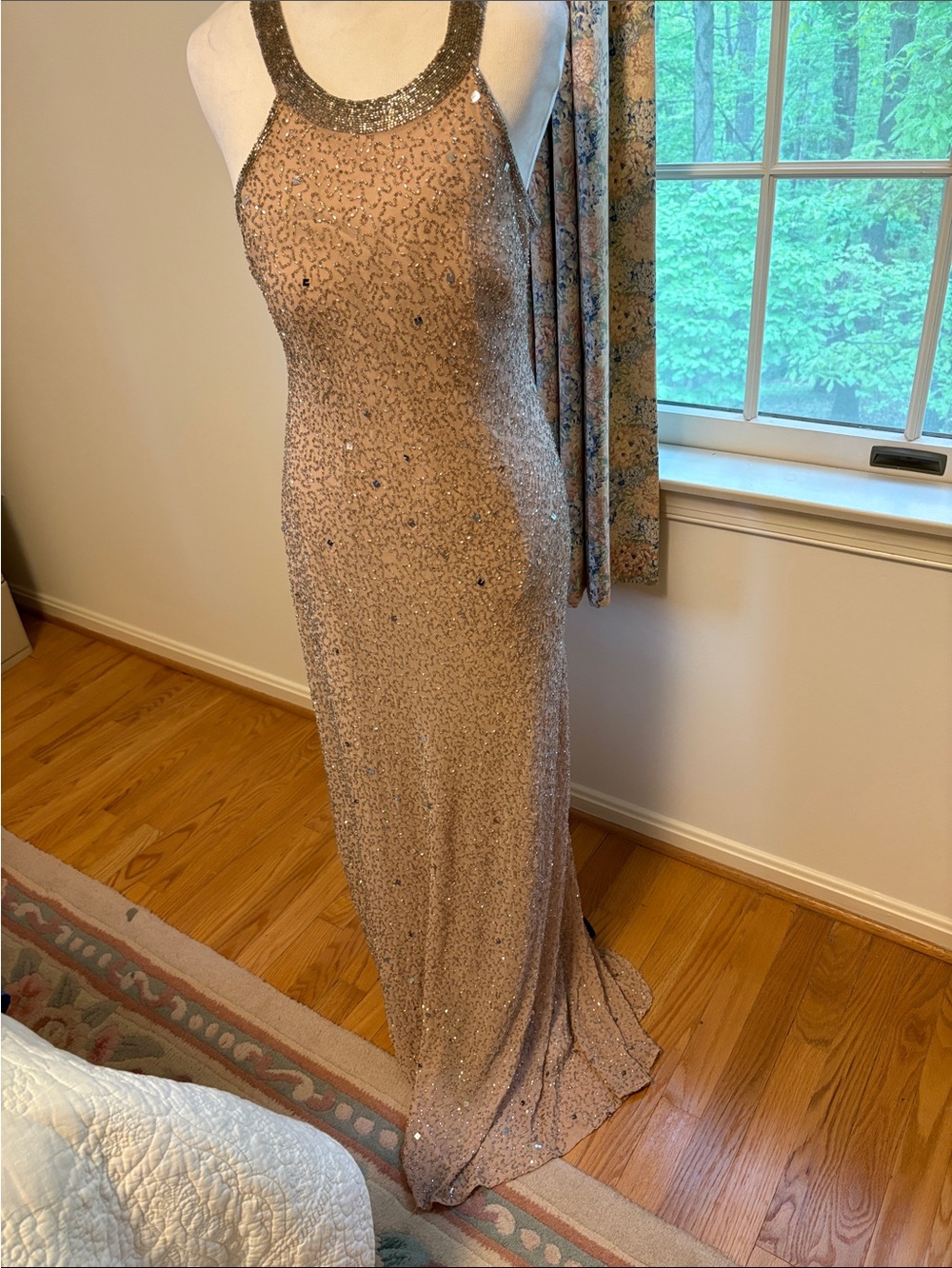 Adrianna Papell Champagne Sequin Halter Backless Gown